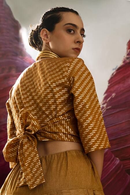 Banana Labs_Yellow Cotton, Silk Tassels, Zari V-neck Handblock Print Saree With Blouse _at_Aza_Fashions