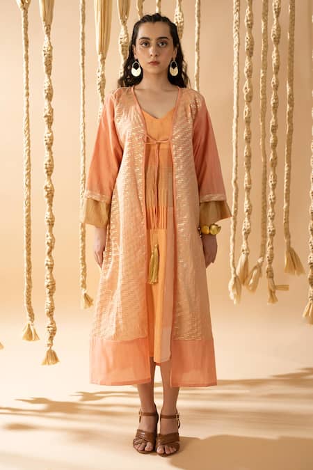 BANANA labs Orange Cotton Handblock Printed Line Dress V-neck Weave With Shrug 