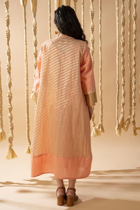 Shop_Banana Labs_Orange Cotton Zari V-neck Line Weave Handblock Printed Dress With Shrug _at_Aza_Fashions
