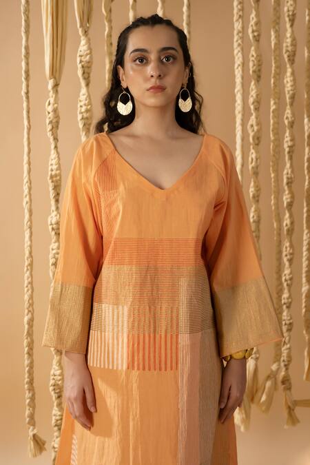 Buy_Banana Labs_Orange Cotton Zari V-neck Line Weave Handblock Printed Dress With Shrug _Online_at_Aza_Fashions