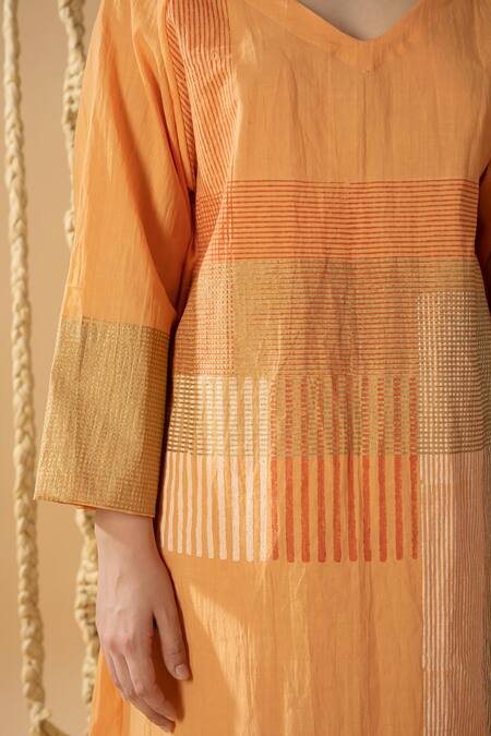 Shop_Banana Labs_Orange Cotton Zari V-neck Line Weave Handblock Printed Dress With Shrug _Online_at_Aza_Fashions