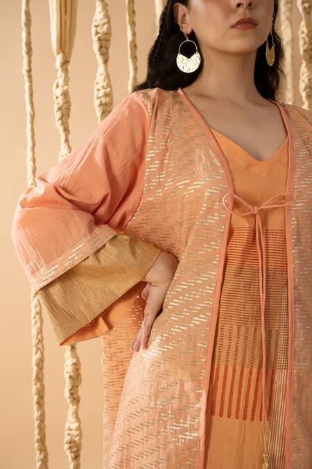 Banana Labs_Orange Cotton Zari V-neck Line Weave Handblock Printed Dress With Shrug _at_Aza_Fashions