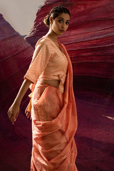 Shop_Banana Labs_Peach Cotton, Silk Tassels, Zari V-neck Wavy Handblock Printed Saree With Blouse _Online_at_Aza_Fashions