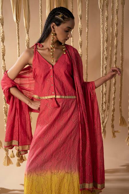 Buy Banana Labs Pink Cotton Embroidery, Tassels V-neck Handblock Print Lehenga Blouse Set Online at Aza Fashions Buy_Banana Labs_Pink Cotton Embroidery, Tassels V-neck Handblock Print Lehenga Blouse Set _Online_at_Aza_Fashions