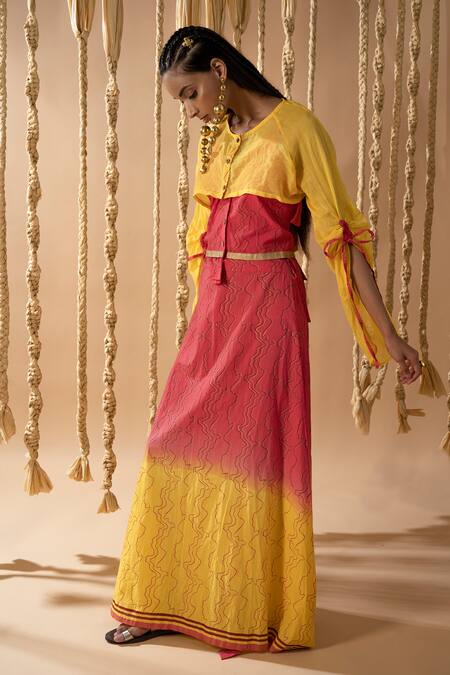 Shop Banana Labs Pink Cotton Embroidery V-neck, Round Handblock Print Lehenga Overlay Shrug Set Online at Aza Fashions Shop_Banana Labs_Pink Cotton Embroidery V-neck, Round Handblock Print Lehenga Overlay Shrug Set _Online_at_Aza_Fashions