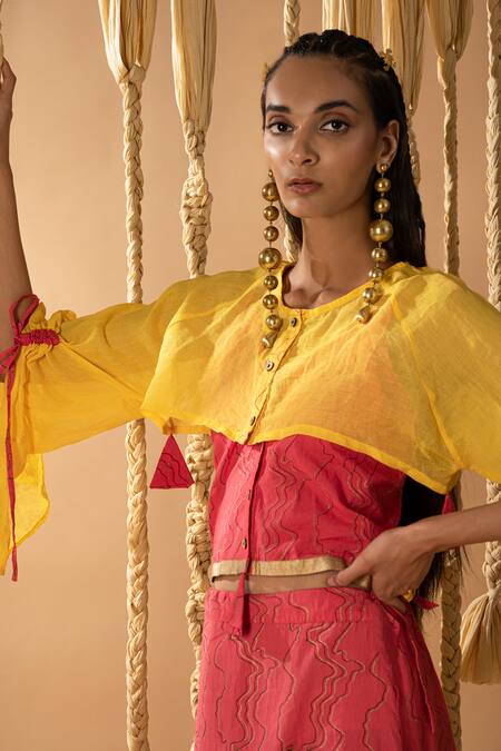 Banana Labs Pink Cotton Embroidery V-neck, Round Handblock Print Lehenga Overlay Shrug Set at Aza Fashions Banana Labs_Pink Cotton Embroidery V-neck, Round Handblock Print Lehenga Overlay Shrug Set _at_Aza_Fashions