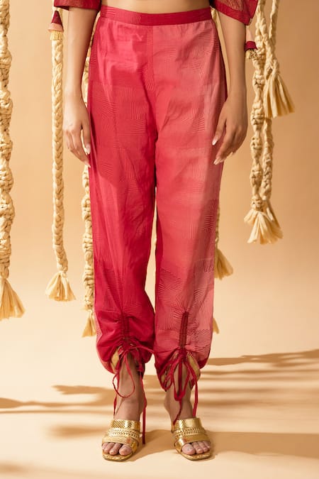 Banana Labs_Pink Cotton Tassels V-neck Linear Handblock Print Kurta Pant Set _at_Aza_Fashions