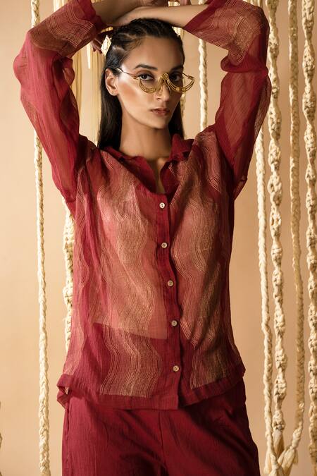Buy_Banana Labs_Maroon Cotton Embroidery Collared Wavy Handblock Print Shirt With Pant _Online_at_Aza_Fashions