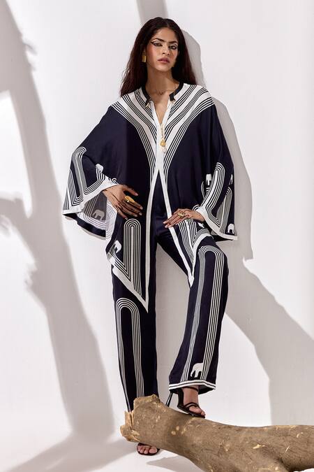 Shop_Kamaali Pret_Black Cupro Bemberg Printed Geometric V-neck Kunjar Elephant Cape Top _Online_at_Aza_Fashions