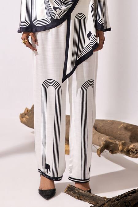 Kamaali Pret_White Cupro Bemberg Printed Geometric V-neck Kibo Cape Top With Pant _Online_at_Aza_Fashions