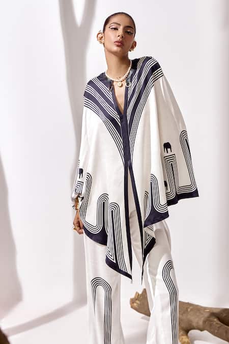 Kamaali Pret_White Cupro Bemberg Printed Geometric V-neck Kibo Cape Top With Pant _at_Aza_Fashions