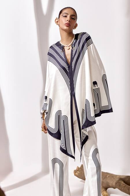 Shop_Kamaali Pret_White Cupro Bemberg Printed Geometric V-neck Kumbi Elephant Cape Top _Online_at_Aza_Fashions