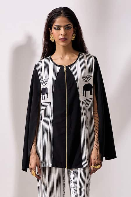 Kamaali Pret Black Cupro Bemberg Printed Geometric Round Airavata Color Blocked Cape Top 