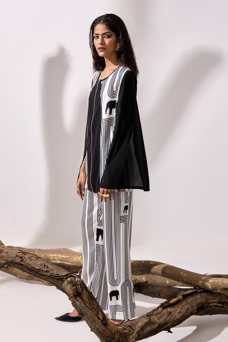 Shop_Kamaali Pret_Black Cupro Bemberg Printed Geometric Round Airavata Color Blocked Cape Top _Online_at_Aza_Fashions