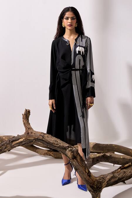Kamaali Pret_Black Satin Mandarin Collar Linear Asymmetric Printed Dress _Online_at_Aza_Fashions