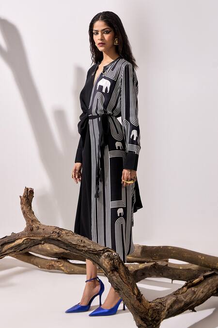 Buy_Kamaali Pret_Black Satin Mandarin Collar Linear Asymmetric Printed Dress _Online_at_Aza_Fashions