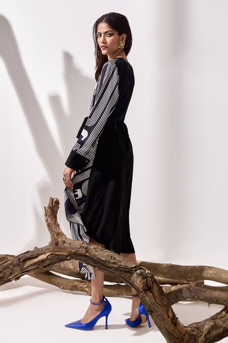 Shop_Kamaali Pret_Black Satin Mandarin Collar Linear Asymmetric Printed Dress _Online_at_Aza_Fashions