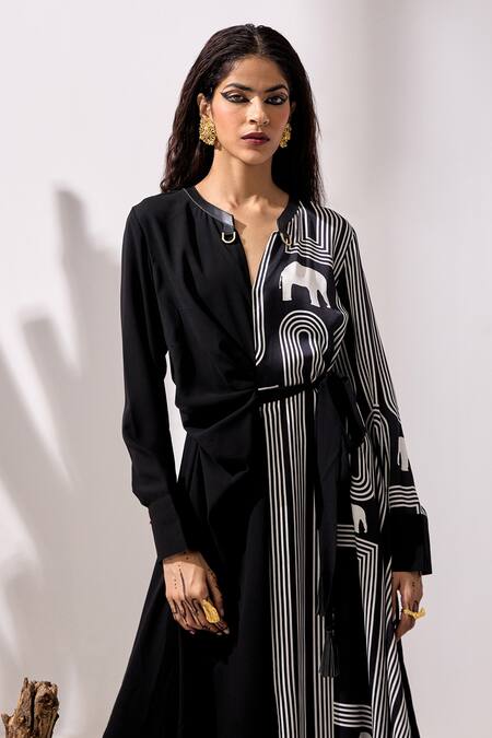 Kamaali Pret_Black Satin Mandarin Collar Linear Asymmetric Printed Dress _at_Aza_Fashions