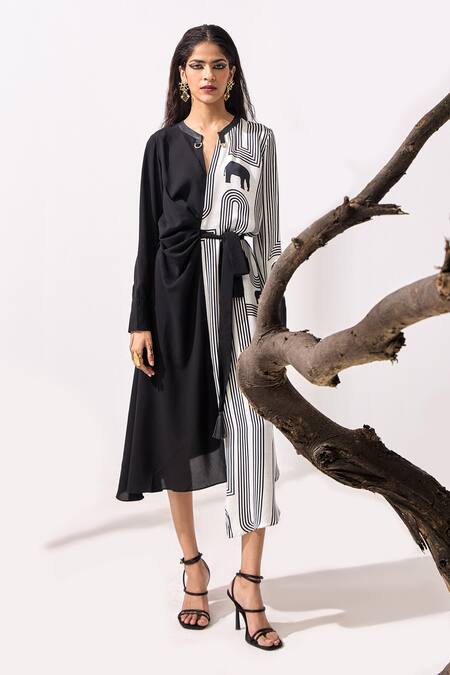Kamaali Pret_Black Satin Mandarin Collar Talli Elephant Print Dress _Online_at_Aza_Fashions
