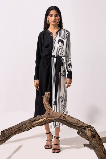 Buy_Kamaali Pret_Black Satin Mandarin Collar Talli Elephant Print Dress _Online_at_Aza_Fashions