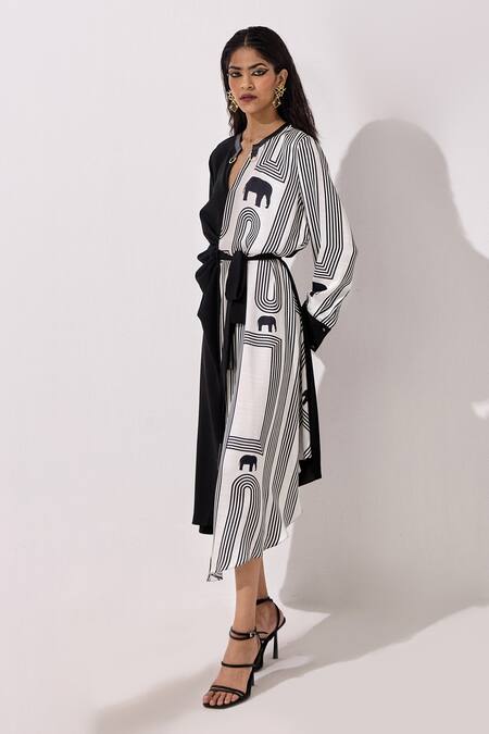 Shop_Kamaali Pret_Black Satin Mandarin Collar Talli Elephant Print Dress _Online_at_Aza_Fashions