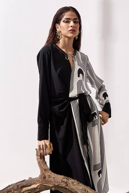 Kamaali Pret_Black Satin Mandarin Collar Talli Elephant Print Dress _at_Aza_Fashions