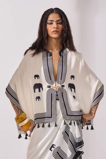 Kamaali Pret_White Tassels Plunge Neck Azalea Printed Capelet With Sarong _Online_at_Aza_Fashions