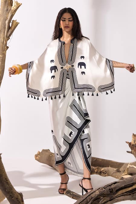 Shop_Kamaali Pret_White Tassels Plunge Neck Azalea Printed Capelet With Sarong _Online_at_Aza_Fashions