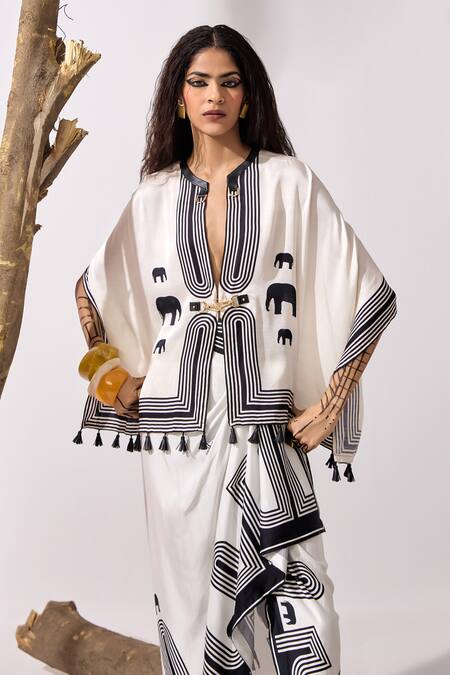 Shop_Kamaali Pret_White Tassels Plunge Neck Azalea Printed Capelet With Sarong 