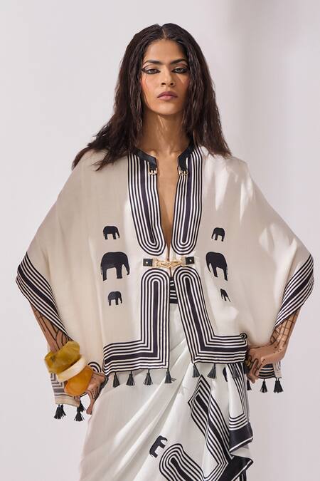 Buy Kamaali Pret White Cupro Bemberg Slub Satin Printed Elephant Plunge V Bigfoot Capelet Online at Aza Fashions Buy_Kamaali Pret_White Cupro Bemberg Slub Satin Printed Elephant Plunge V Bigfoot Capelet _Online_at_Aza_Fashions