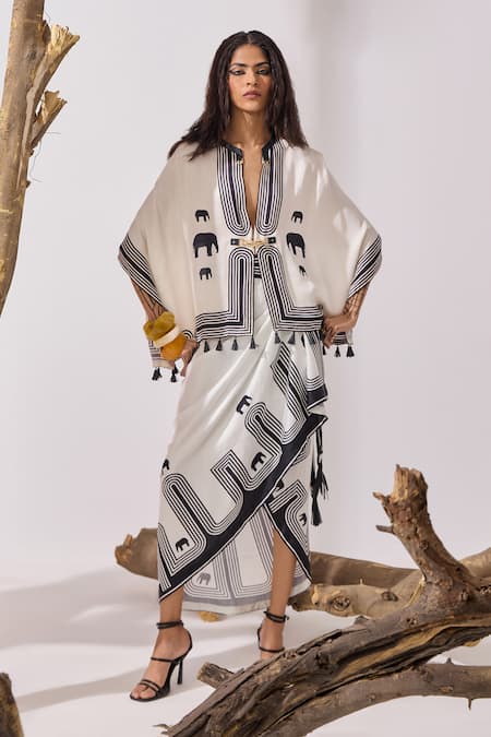 Kamaali Pret White Cupro Bemberg Slub Satin Printed Elephant Kibo Sarong Online at Aza Fashions Kamaali Pret_White Cupro Bemberg Slub Satin Printed Elephant Kibo Sarong _Online_at_Aza_Fashions