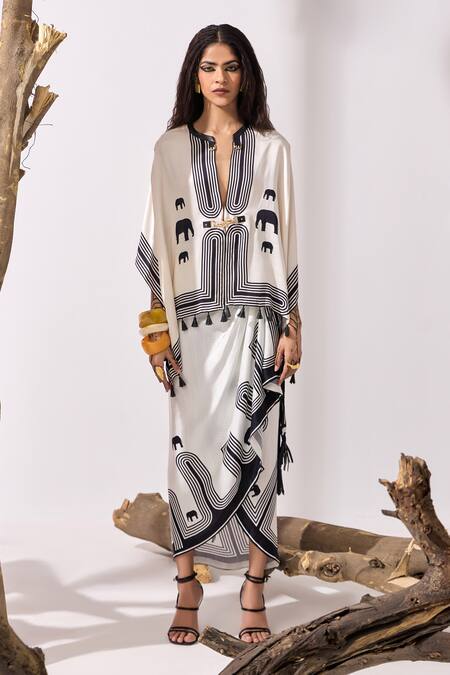 Buy Kamaali Pret White Cupro Bemberg Slub Satin Printed Elephant Kibo Sarong Online at Aza Fashions Buy_Kamaali Pret_White Cupro Bemberg Slub Satin Printed Elephant Kibo Sarong _Online_at_Aza_Fashions