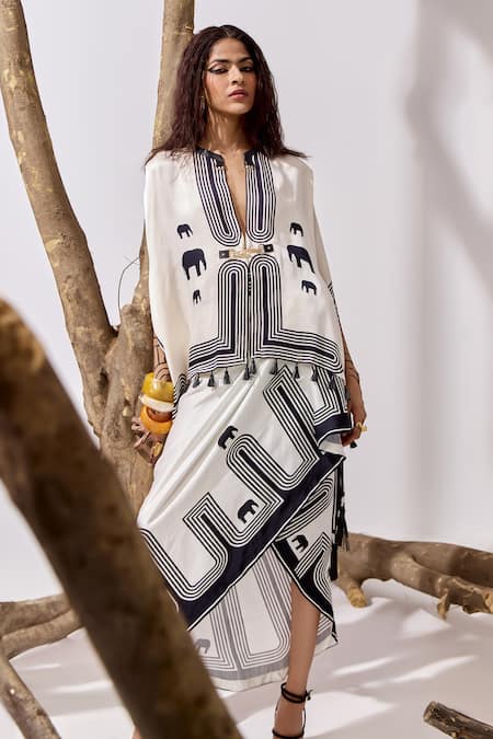 Kamaali Pret White Cupro Bemberg Slub Satin Printed Elephant Kibo Sarong at Aza Fashions Kamaali Pret_White Cupro Bemberg Slub Satin Printed Elephant Kibo Sarong _at_Aza_Fashions