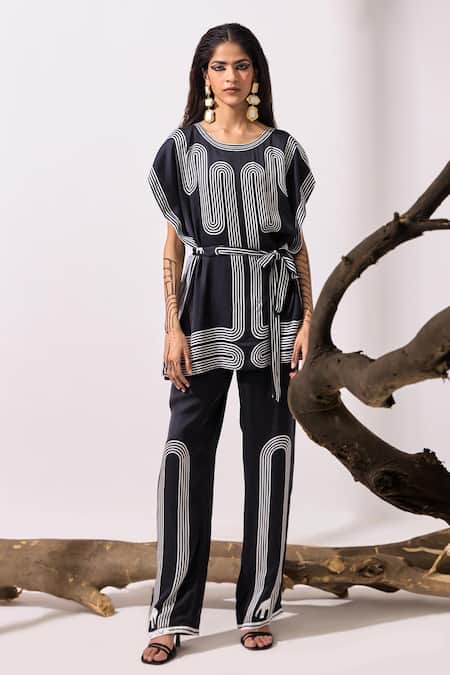 Kamaali Pret_Black Cupro Bemberg Slub Satin Printed Elephant Aurora Placement Pant _Online_at_Aza_Fashions