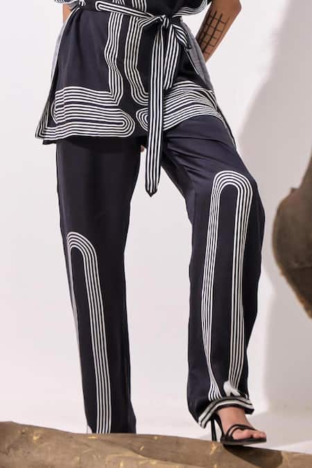 Shop_Kamaali Pret_Black Cupro Bemberg Slub Satin Printed Elephant Aurora Placement Pant _Online_at_Aza_Fashions