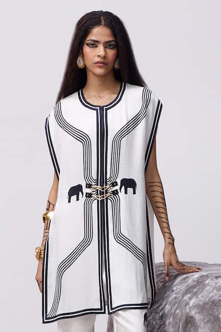 Buy_Kamaali Pret_White Satin Round Neck Karini Elephant Print Long Top With Pant _Online_at_Aza_Fashions