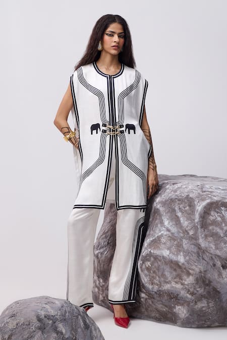 Shop_Kamaali Pret_White Satin Round Neck Karini Elephant Print Long Top With Pant _Online_at_Aza_Fashions