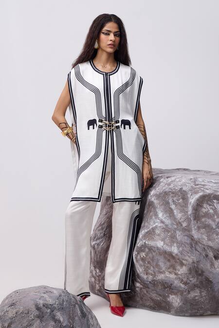 Buy_Kamaali Pret_White Cupro Printed Elephant Round Adira Long Top _Online_at_Aza_Fashions