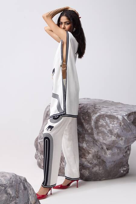 Kamaali Pret_White Cupro Printed Elephant Round Adira Long Top _at_Aza_Fashions