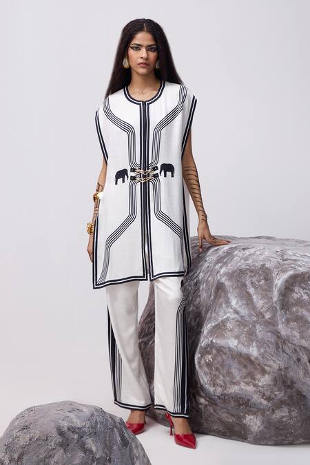 Kamaali Pret_White Cupro Printed Elephant Amarula Pant _Online_at_Aza_Fashions