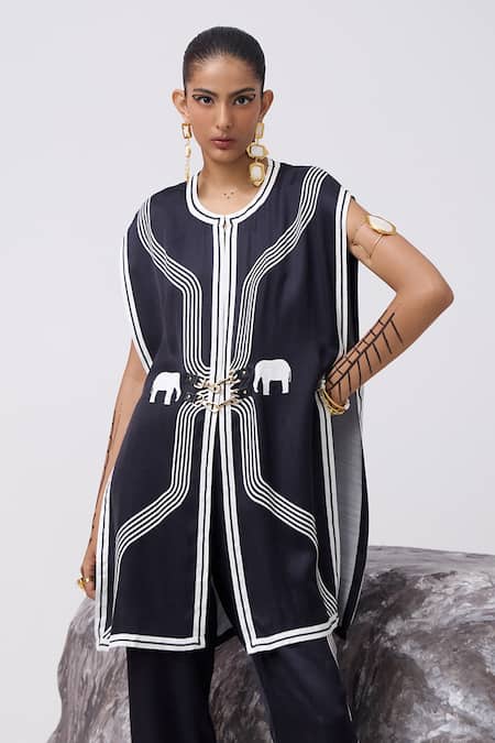 Buy_Kamaali Pret_Black Satin Round Neck Tumbi Elephant Print Long Top With Pant _Online_at_Aza_Fashions