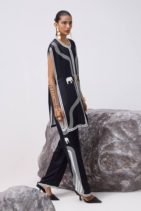 Kamaali Pret_Black Satin Round Neck Tumbi Elephant Print Long Top With Pant _at_Aza_Fashions