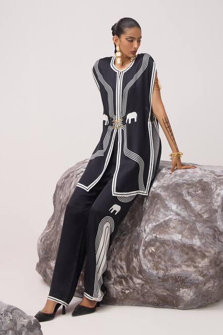 Kamaali Pret Black Cupro Printed Elephant Round Abigail Long Top at Aza Fashions Kamaali Pret_Black Cupro Printed Elephant Round Abigail Long Top _at_Aza_Fashions