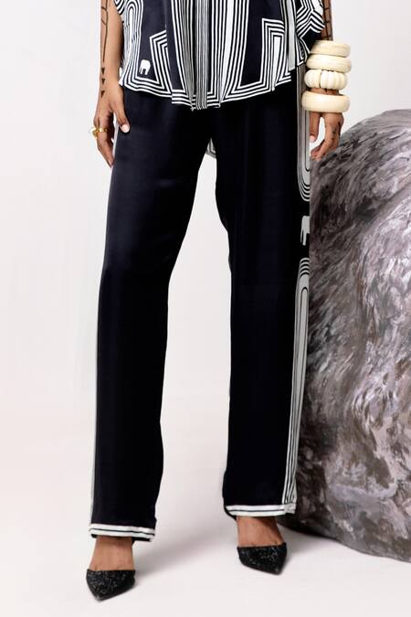 Buy Kamaali Pret Black Satin V-neck Kari Elephant Print Oversized Top With Pant Online at Aza Fashions Buy_Kamaali Pret_Black Satin V-neck Kari Elephant Print Oversized Top With Pant _Online_at_Aza_Fashions