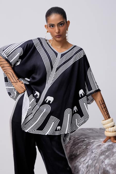 Kamaali Pret Black Satin V-neck Kari Elephant Print Oversized Top With Pant at Aza Fashions Kamaali Pret_Black Satin V-neck Kari Elephant Print Oversized Top With Pant _at_Aza_Fashions