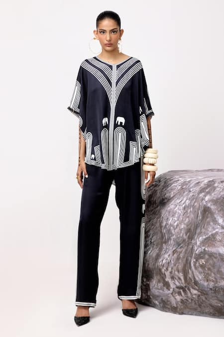 Kamaali Pret_Black Cupro Printed Elephant V-neck Gaja Oversized Top _Online_at_Aza_Fashions