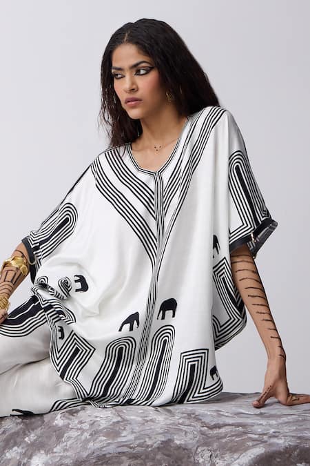 Kamaali Pret_White Satin V-neck Mali Elephant Print Oversized Top With Pant _Online_at_Aza_Fashions