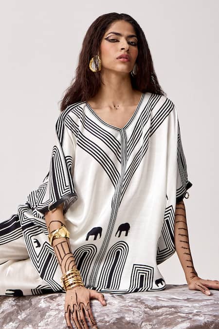 Buy_Kamaali Pret_White Satin V-neck Mali Elephant Print Oversized Top With Pant _Online_at_Aza_Fashions