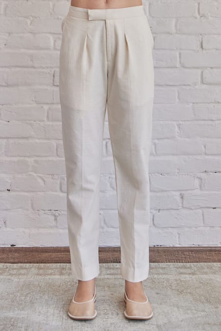 Khamaj India_Yellow Chanderi, Cotton Embroidery Bay Top With Pant _Online_at_Aza_Fashions