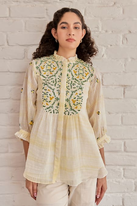 Buy_Khamaj India_Yellow Chanderi, Cotton Embroidery Bay Top With Pant _Online_at_Aza_Fashions